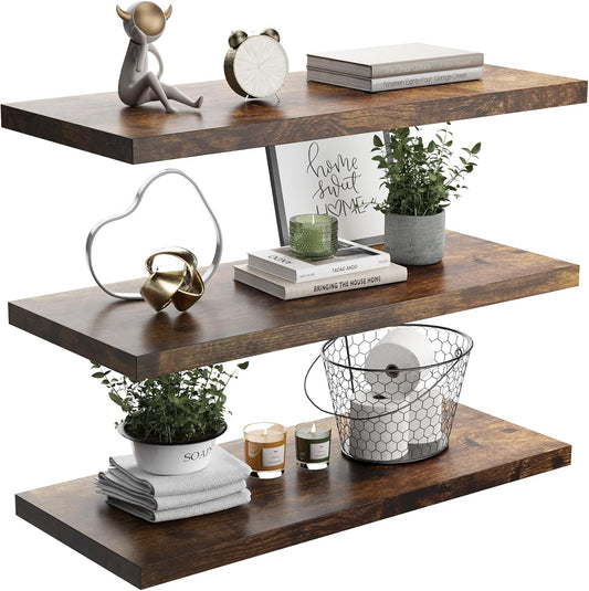 Wall Shelf Set of 3, Rustic Brown Floating Shelves 30 in W x 10 in D x 1 in H, Wooden Floating Wall Shelf with Invisible