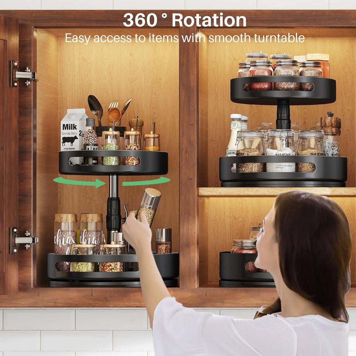 Lazy Susan Organizer Spice Rack - 2 Tier Height Adjustable Spice Organization for Cabinet, Metal Seasoning Organizer Lazy Turntable Spice Organizer for Table Top Pantry Kitchen Storage (10 inch)