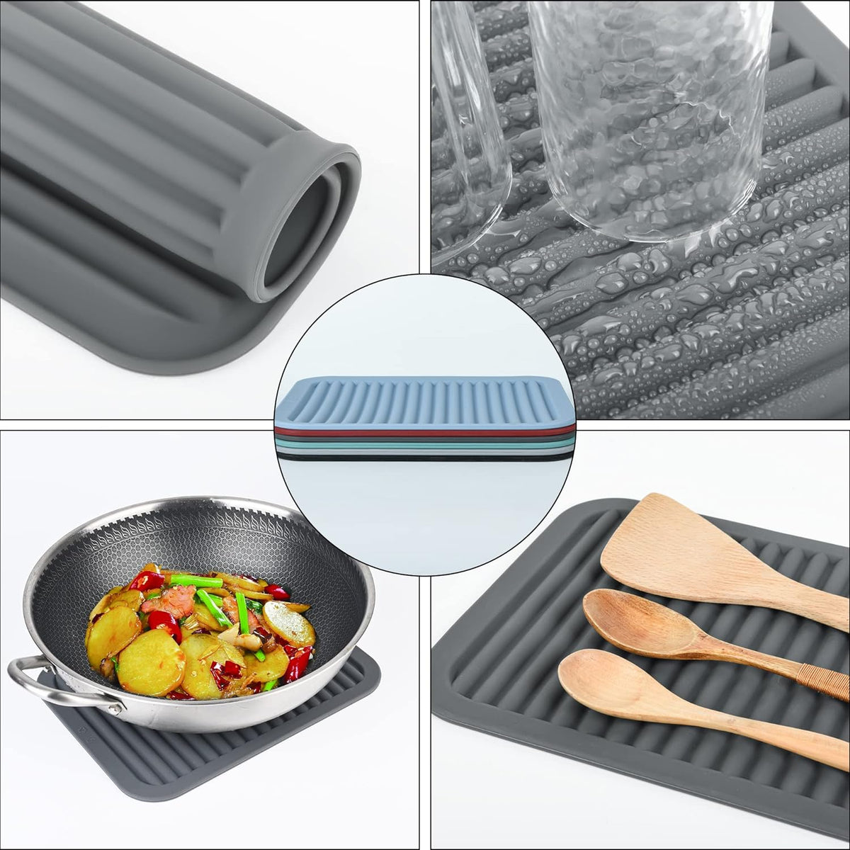 Silicone Trivets for Hot Dishes, Pots and Pans, Hot Pads for Kitchen Counter, Heat Resistant Trivets for Quartz Countertops, Hot Pads, Silicone Pot Holders Mats, Teal Table Trivet Mat, Set 2