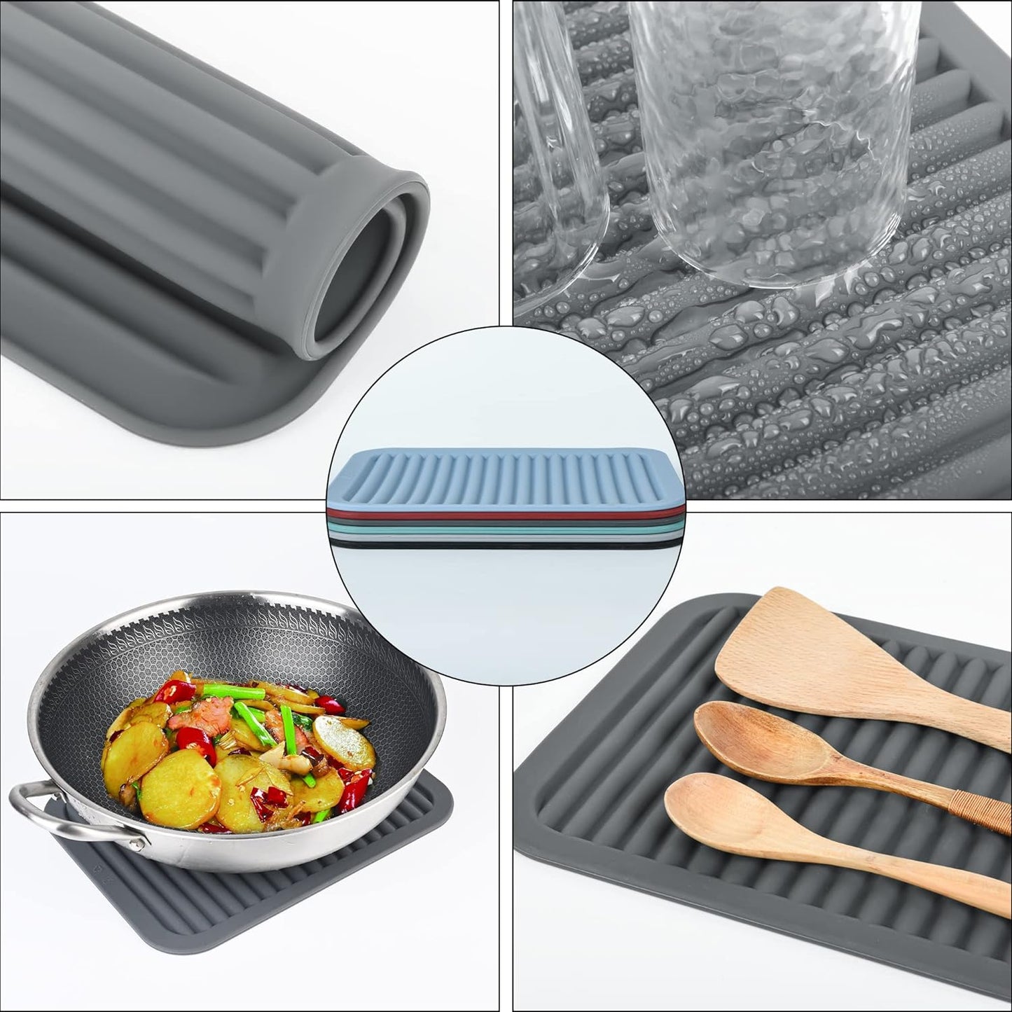 Trivets for Hot Dishes, Silicone Trivets for Hot Pots and Pans, Heat Resistant Hot Pads for Kitchen Counter, 2 Pcs Multi-Purpose & Versatile Trivet Mat (9"x12")(Light Grey)