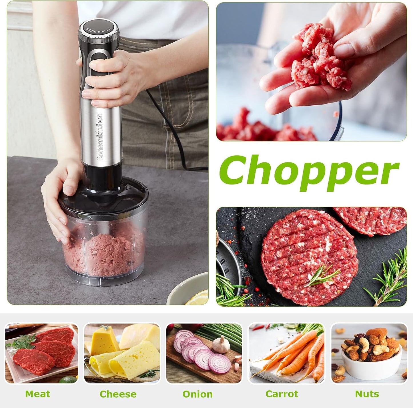 Bonsenkitchen Immersion Blender with Food Processor, 20 Speeds &amp; Turbo Mode | 4-in-1 Emulsion Hand Blender, Egg Whisk, 24 oz Beaker &amp; Chopper Bowl, Portable Hand Mixer for Smoothie, Soup, Baby Food