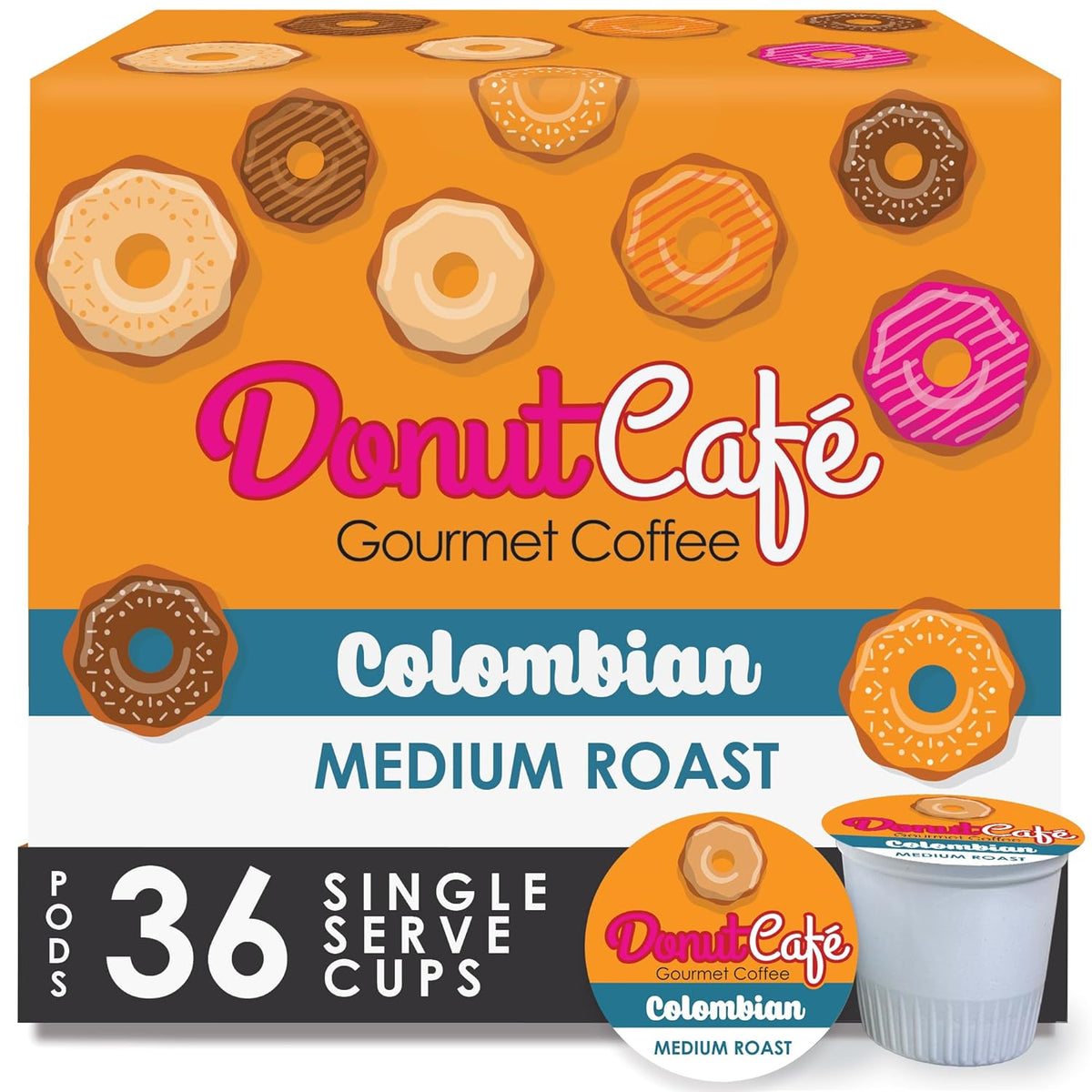 Donut Café K-Cup Coffee Pods, Medium Roast, Colombian Blend, 36 Count | Single Serve, Vegan, Allergen Free, Non-GMO, Kosher, Vegetarian, Compatible with Keurig K Cup Brewers, Smooth &amp; Delicious