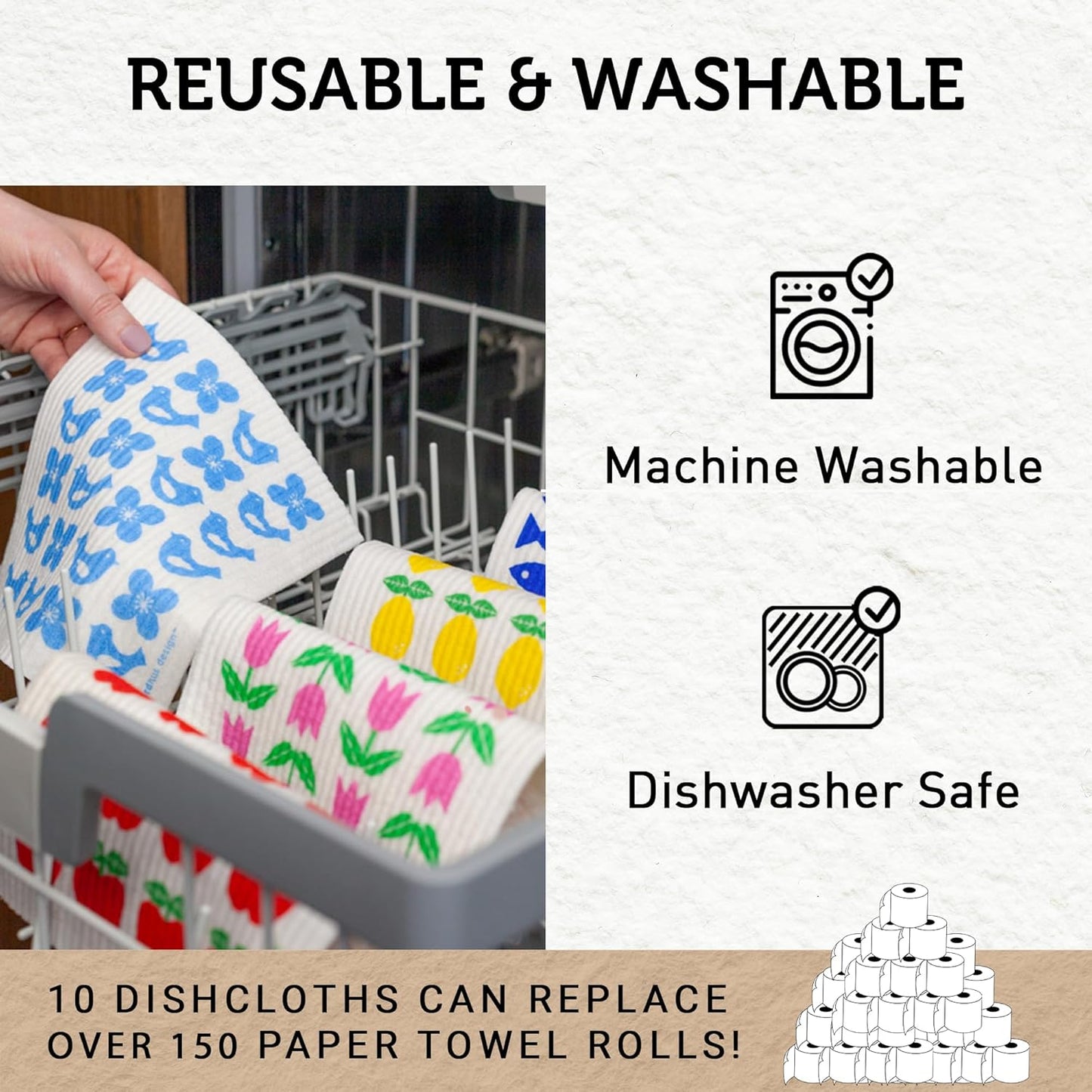 Nordhus Design Swedish Dishcloths (10 Pack) – Reusable Swedish Dish Cloths for Kitchen, Eco Friendly Cellulose Sponge Cloth, Ultra Absorbent, Odor Free, Replaces Paper Towels, Washable &amp; Compostable