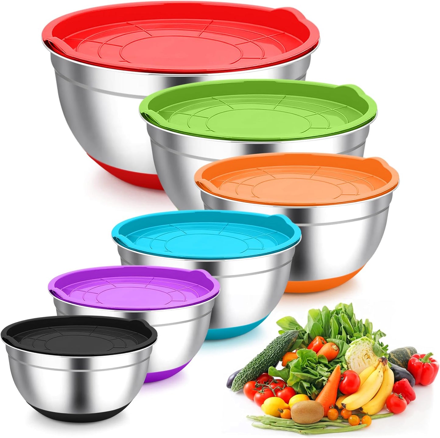 TeamFar Mixing Bowls, Stainless Steel Salad Bowls with Lids - Colorful | Nesting Bowls with Non-slip Bottom, for Kitchen Baking Preparing Serving, Stackable &amp; 6PCS - 4.6 /2.6 /2 / 1.5 /1 / 0.7 Qt