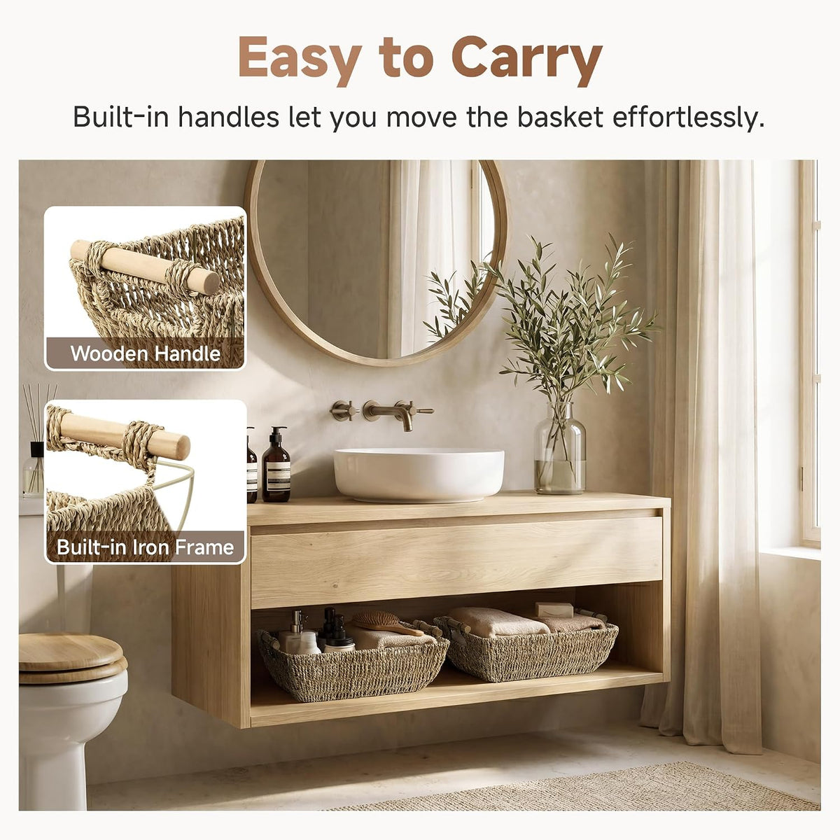 StorageWorks Hand-Woven Jumbo Storage Baskets with Wooden Handles, Seagrass Wicker Baskets for Organizing, 2-Pack