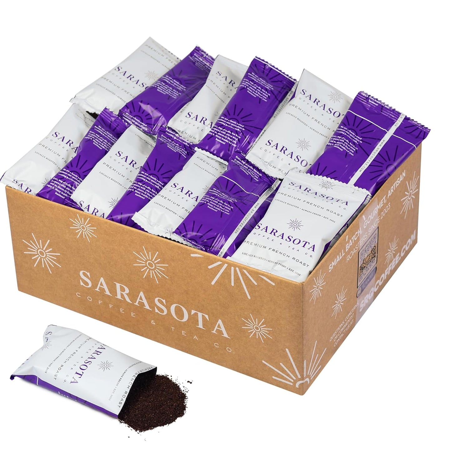 Sarasota Coffee Ground Packets | Low Acid Dark Roast Ground Coffee Packs | European French Roast | Mold Free Coffee Singles Packets | Ground Coffee Pouches | Individual Coffee Packets for 12 Cup Coffee Maker | 2 Ounce Bags, 36 Count