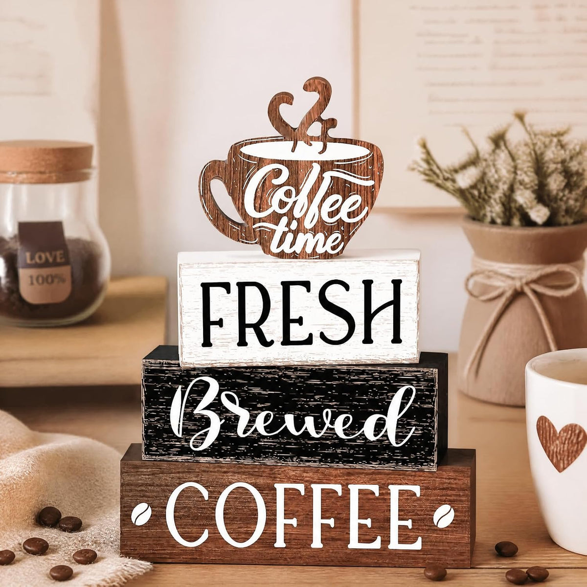 Cinnvoice 4 Pcs Coffee Bar Sign Accessories Wood Coffee Station Decorations | Coffee Time Fresh Brewed, Rustic Bar Sign Gift, Farmhouse Tiered Tray Table Centerpiece, for Counter Kitchen Shelf Tabletop