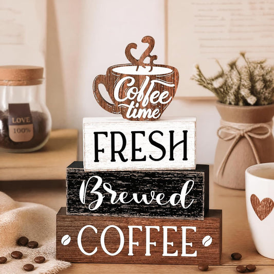 Cinnvoice 4 Pcs Coffee Bar Sign Accessories Wood Coffee Station Decorations | Coffee Time Fresh Brewed, Rustic Bar Sign Gift, Farmhouse Tiered Tray Table Centerpiece, for Counter Kitchen Shelf Tabletop