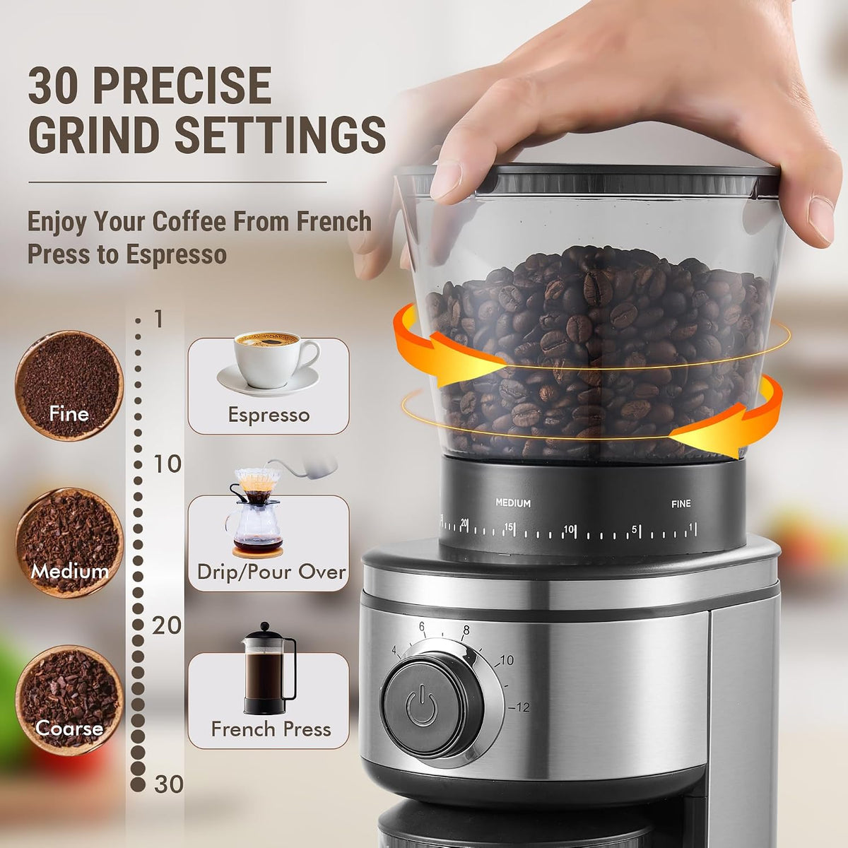 AYCHIRO Conical Burr Coffee Grinder Electric, Coffee Grinder with 30 Grind Settings, Adjustable Burr Mill Grinder for Home Use, 2-12 Cups for Espresso, Pour Over &amp; French Press