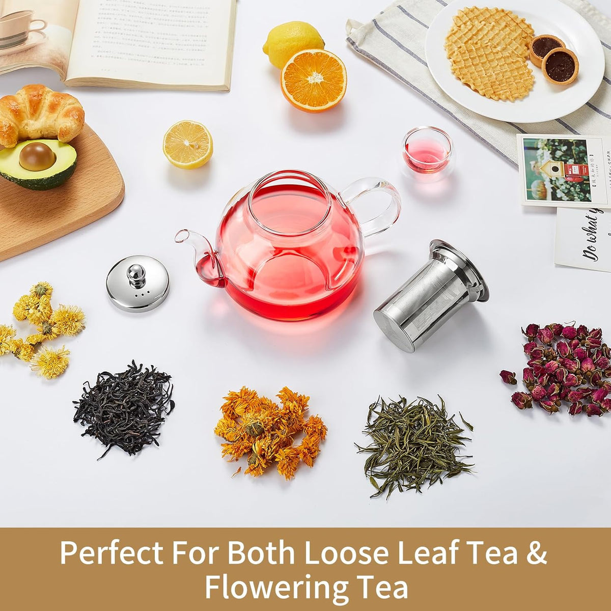 DOPUDO Glass Teapot with Infuser, 40 oz Borosilicate Tea Kettle | Clear borosilicate glass with removable 18/8 steel infuser for stovetop brewing of loose-leaf, herbal, and blooming tea.