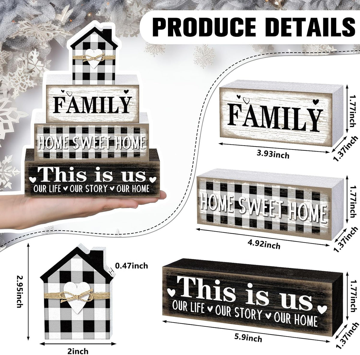 Cinnvoice 4 Pcs Farmhouse Table Decoration Rustic Sign Block,Buffalo Plaid | Home Sweet Home Sign, This Is Us Tabletop Centerpiece, black and White Farmhouse Decor for Home Indoor Kitchen Office Shelf
