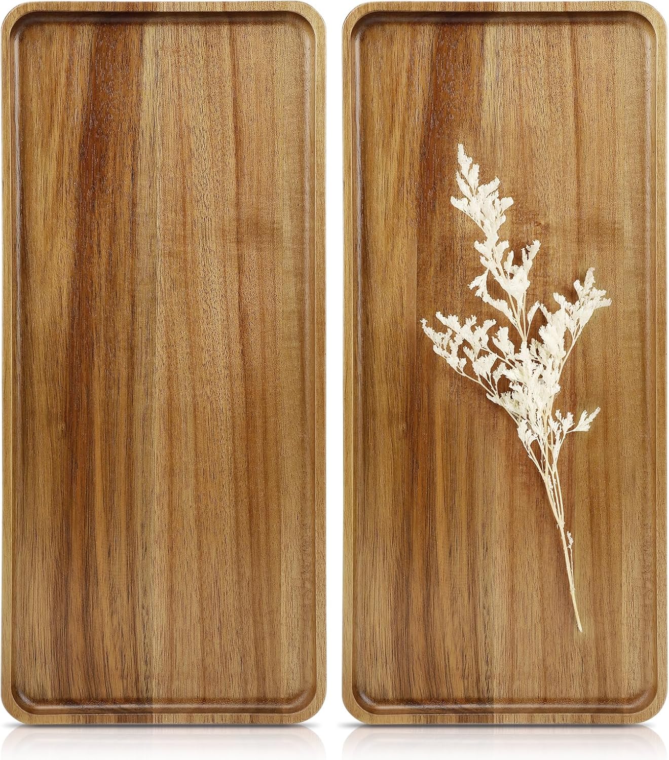 2 pcs 15.7" x 7" Large Solid Acacia Wood Serving Trays Rectangular Wooden Serving Platters Natural W