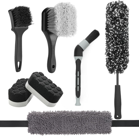 Fantasticlean 7PCS Car Wheel Brush Kit, Tire Brush, Soft-bristled Rim Brush, Scratch-Free Chenille Tape, Microfiber Bendable