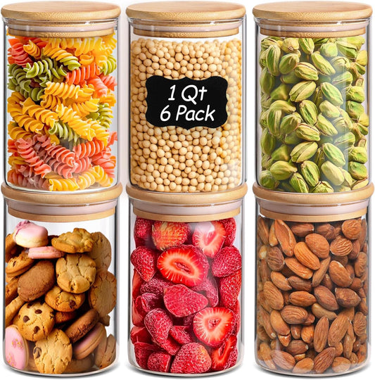 ComSaf 1 Qt Glass Storage Containers with Lids, Glass Jars with Lids, Clear Food Storage Jar, Round Canister Set of 6,