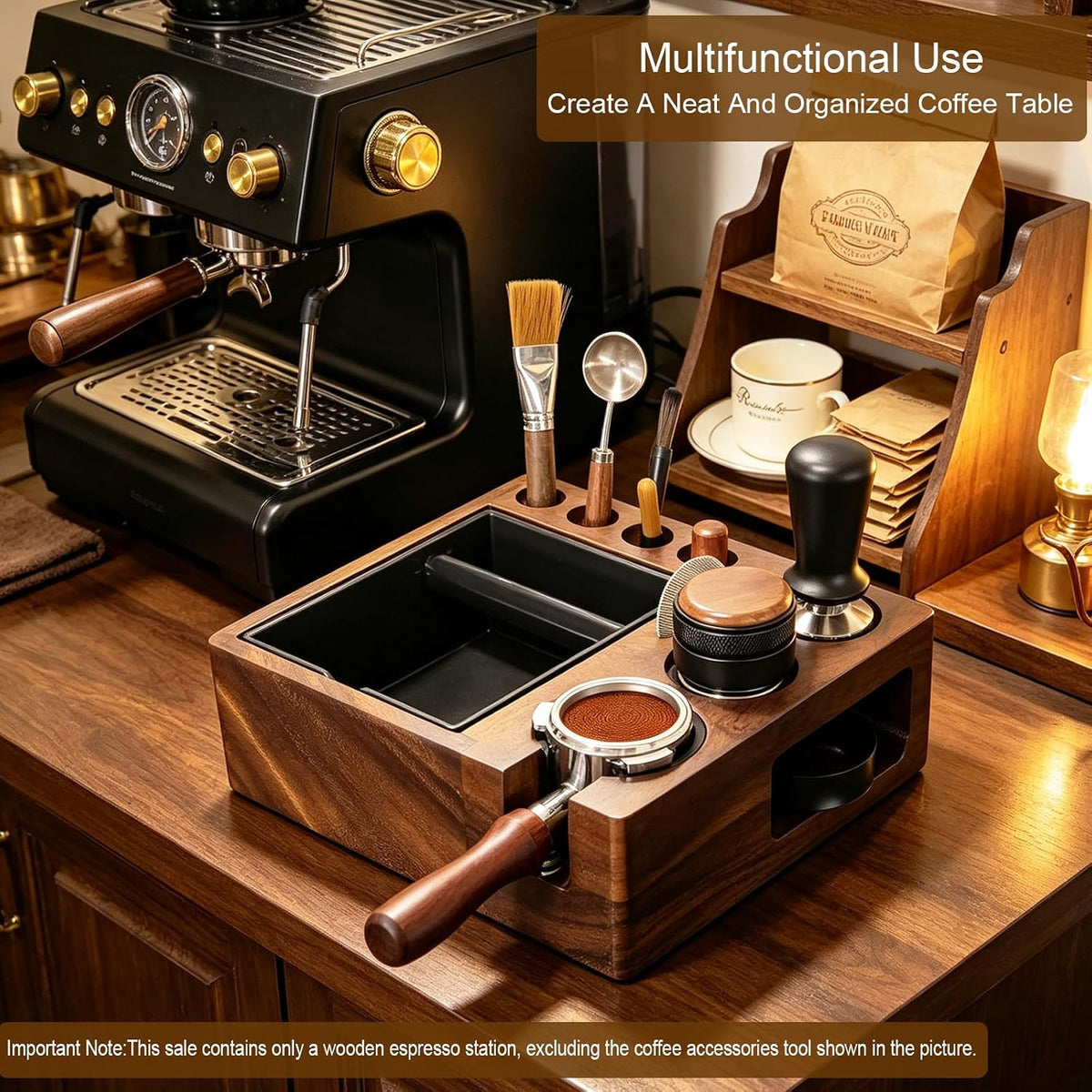 Espresso tamping station and knock box,Wooden portafilter holder,Espresso organizer station box,Tamping station fit for storage 51/54/58mm coffee accessories,Multifunctional tamper station