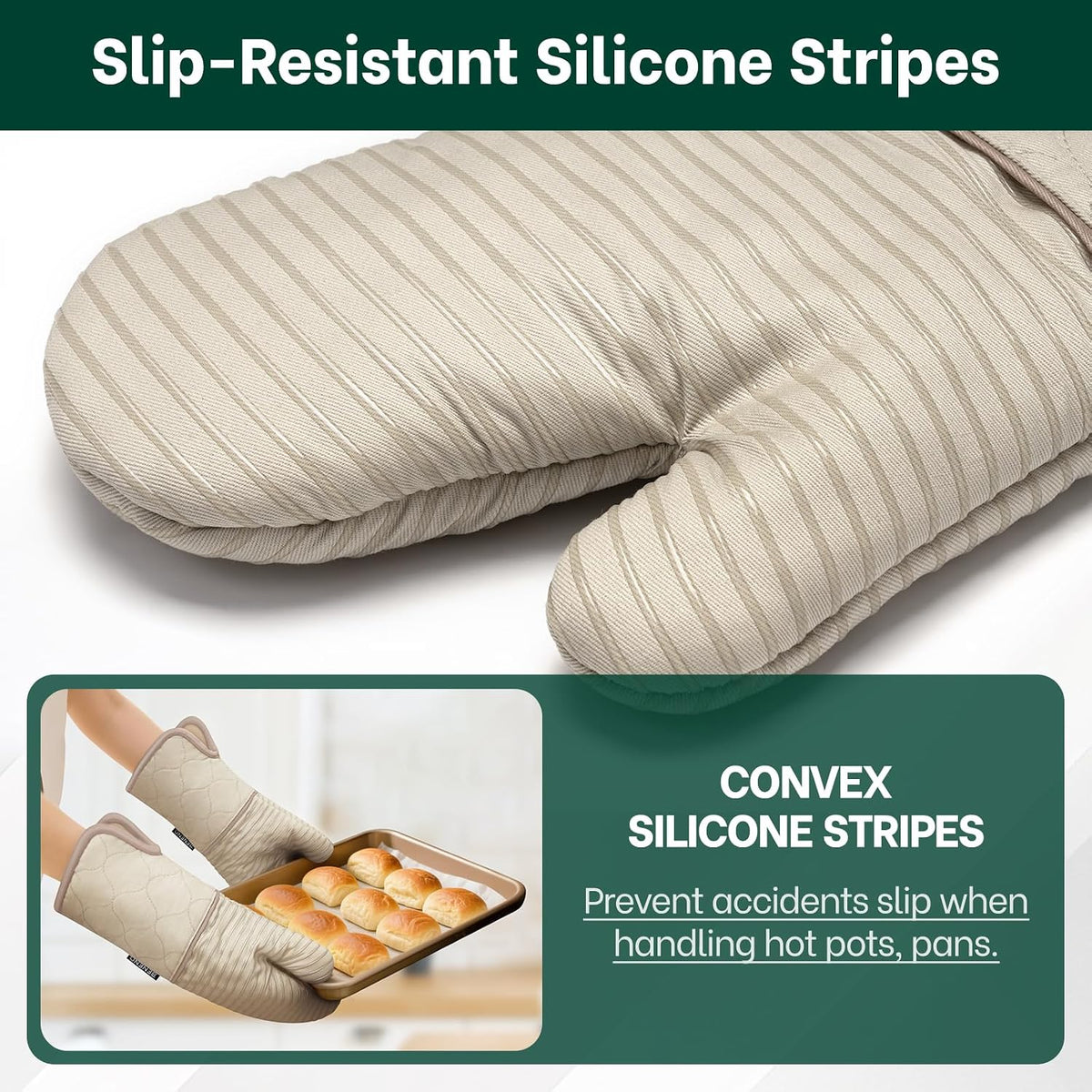 Beneno Heat Resistant 500°F Kitchen Oven Mitts 2-Pack, 7.5"x14.3", Beige | Textured Non-Slip Silicone Grip, Extra Long Forearm Protection, Soft Quilted Cotton Terry Lining, Ideal for Baking &amp; Grilling