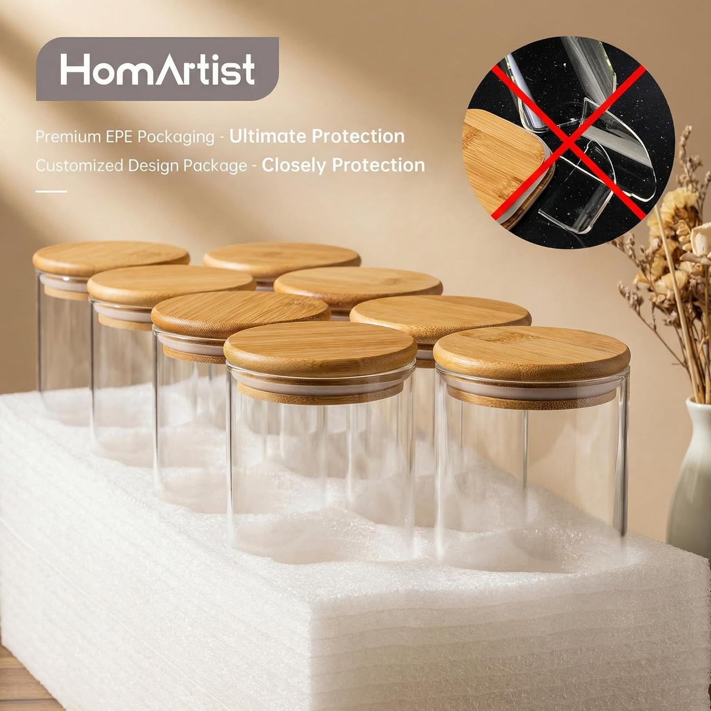 Large Glass Storage Containers with Bamboo Lids for Flour &amp; Sugar, 4 Pack