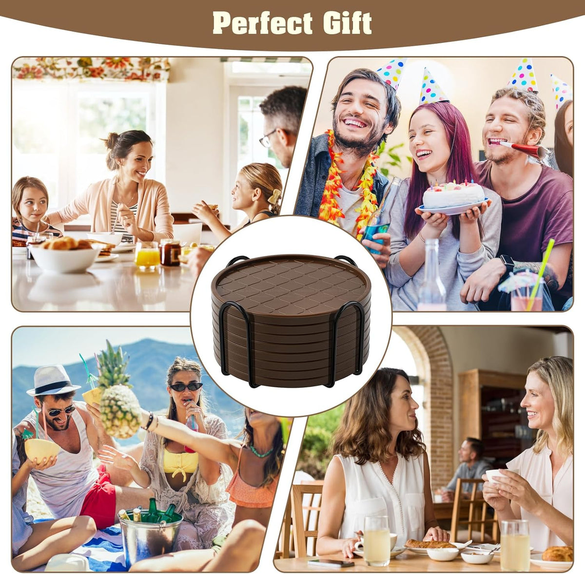 Coasters Set of 6,Hot or Cold Drink Coasters with Holder,Modern Style Coffee Table Coaster,Suitable for Kinds Cups Beer,Drink,Anti-Overflow Tabletop Protection(Coffee, 6pcs)