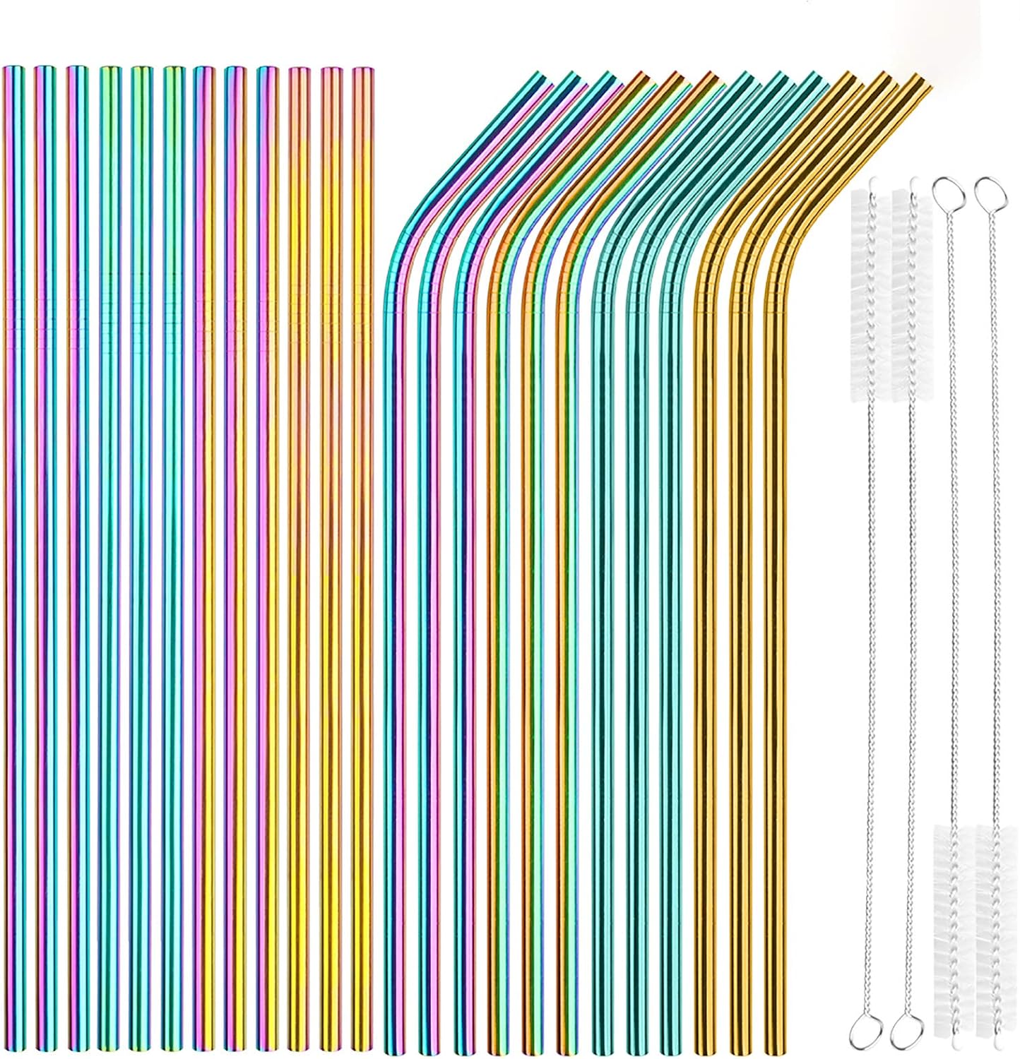 Tomorotec 24 PCS Straight &amp; Bent Stainless Steel Straws for Tumblers, 10.5” | 12 Straight &amp; 12 Bent Reusable Drinking Straws, 10.5” Metal Straw with Brushes for Smoothies Juices Cocktails (Metallic)