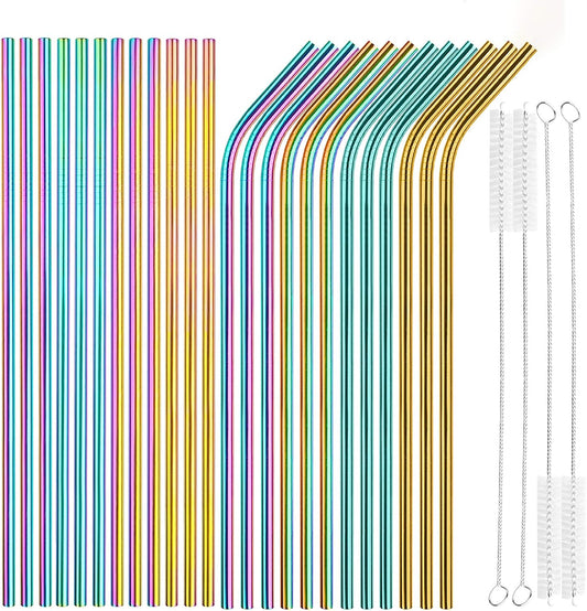 Tomorotec 24 PCS Straight &amp; Bent Stainless Steel Straws for Tumblers, 10.5” | 12 Straight &amp; 12 Bent Reusable Drinking Straws, 10.5” Metal Straw with Brushes for Smoothies Juices Cocktails (Metallic)