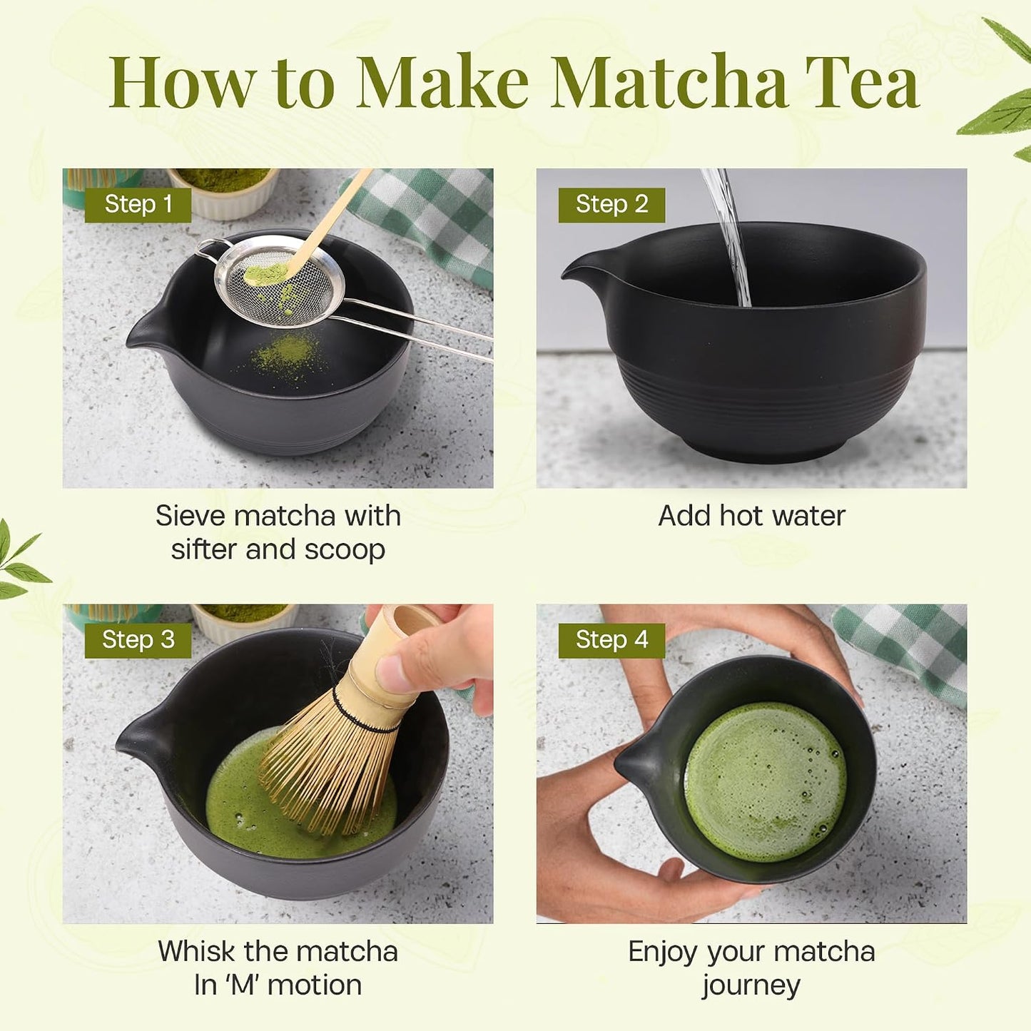 Matcha Whisk Set,includes Matcha Bowl,Matcha Whisk and Holder by Bamboo, Spout, Matcha Sifter Strainer Spoon Scoop Chasen Holder Towel- Perfect Japanese Matcha Set(8 Pcs black)