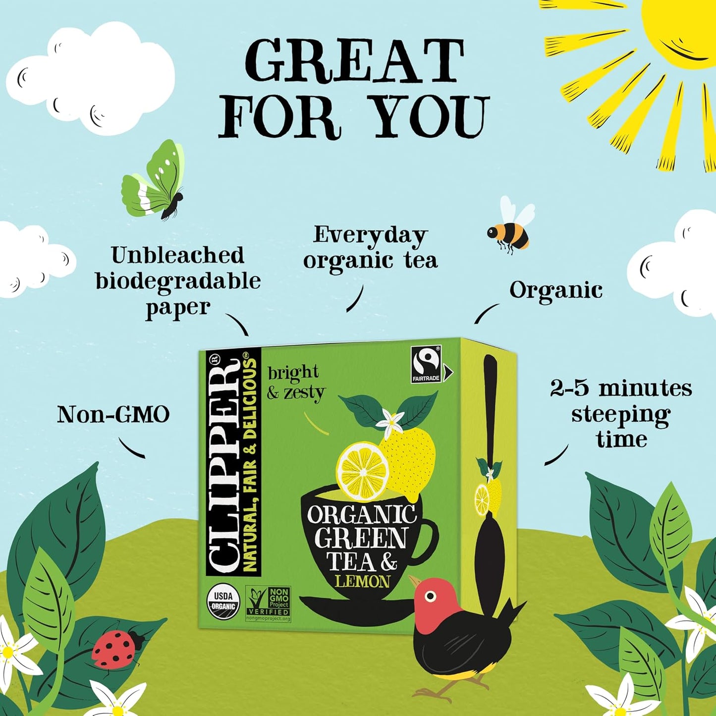Clipper Organic Green Tea &amp; Lemon, 4 Pack / 200 Tea Bags | A light, crisp and refreshing green tea in unbleached tea bags, USDA Organic, Non-GMO approved.