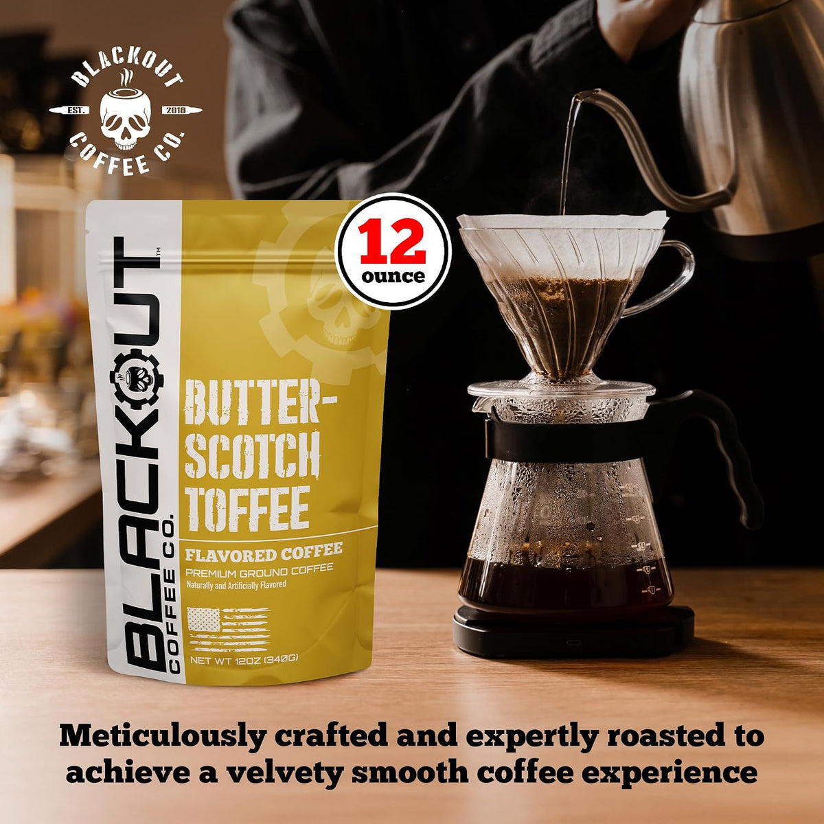 Blackout Coffee Butterscotch Toffee Flavored Ground Coffee – Medium Roast, Smooth Taste, Guilt-Free Indulgence – Freshly Roasted 12oz Pouch.