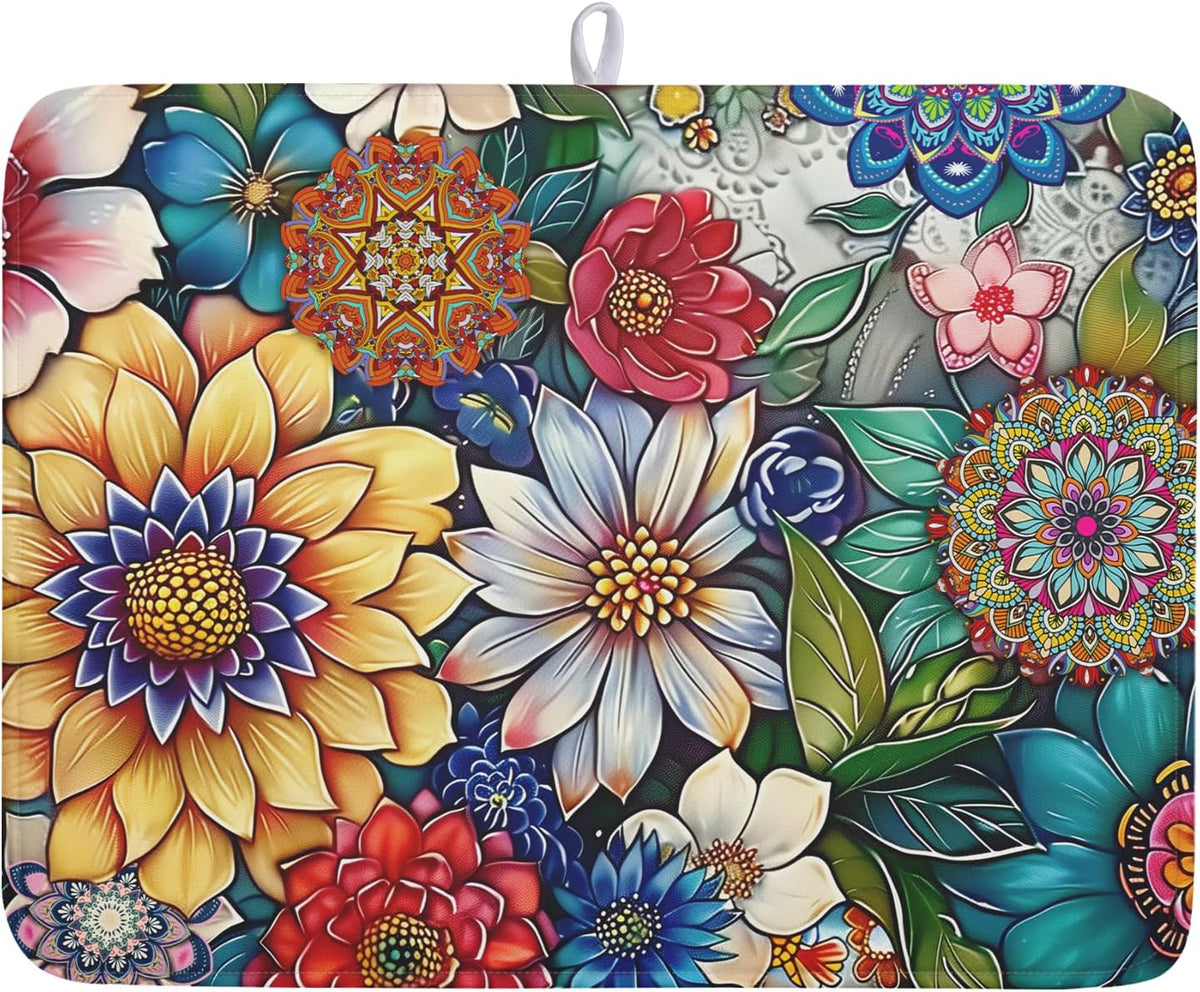 Boho Floral Dish Drying Mat for Kitchen Counter 18x24 Inch Super Absorbent Microfiber Kitchen Drying Mat Bohemian Flower Dish Drainer Rack Mat Reusable Washable Dish Drying Pad for Kitchen Coffee Bar