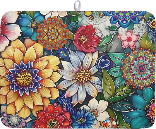 Boho Floral Dish Drying Mat for Kitchen Counter 18x24 Inch Super Absorbent Microfiber Kitchen Drying Mat Bohemian Flower Dish Drainer Rack Mat Reusable Washable Dish Drying Pad for Kitchen Coffee Bar