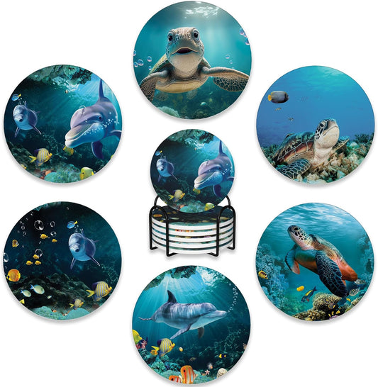 6 Pcs Coasters for Drinks with Holder,Underwater Fishes Sea Turtle Absorbent Coaster with Cork Backing,Great Gift for Housewarming,Room Decor,Bar,Holiday Party