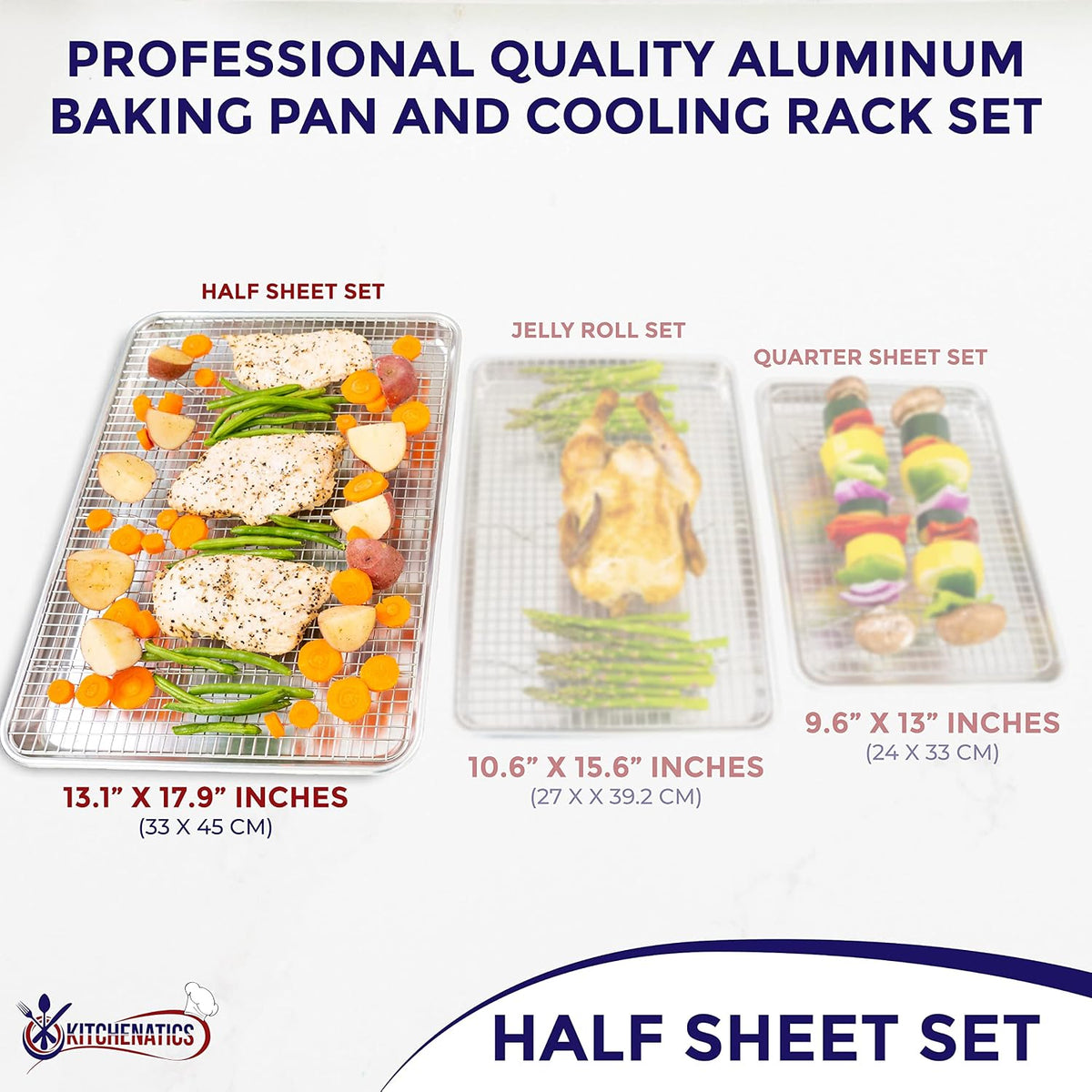 Half Sheet Baking Pan and Rack Set Warp-Free 13.1x17.9 In | Aluminum baking tray and stainless steel wire rack combo used together for large family meals