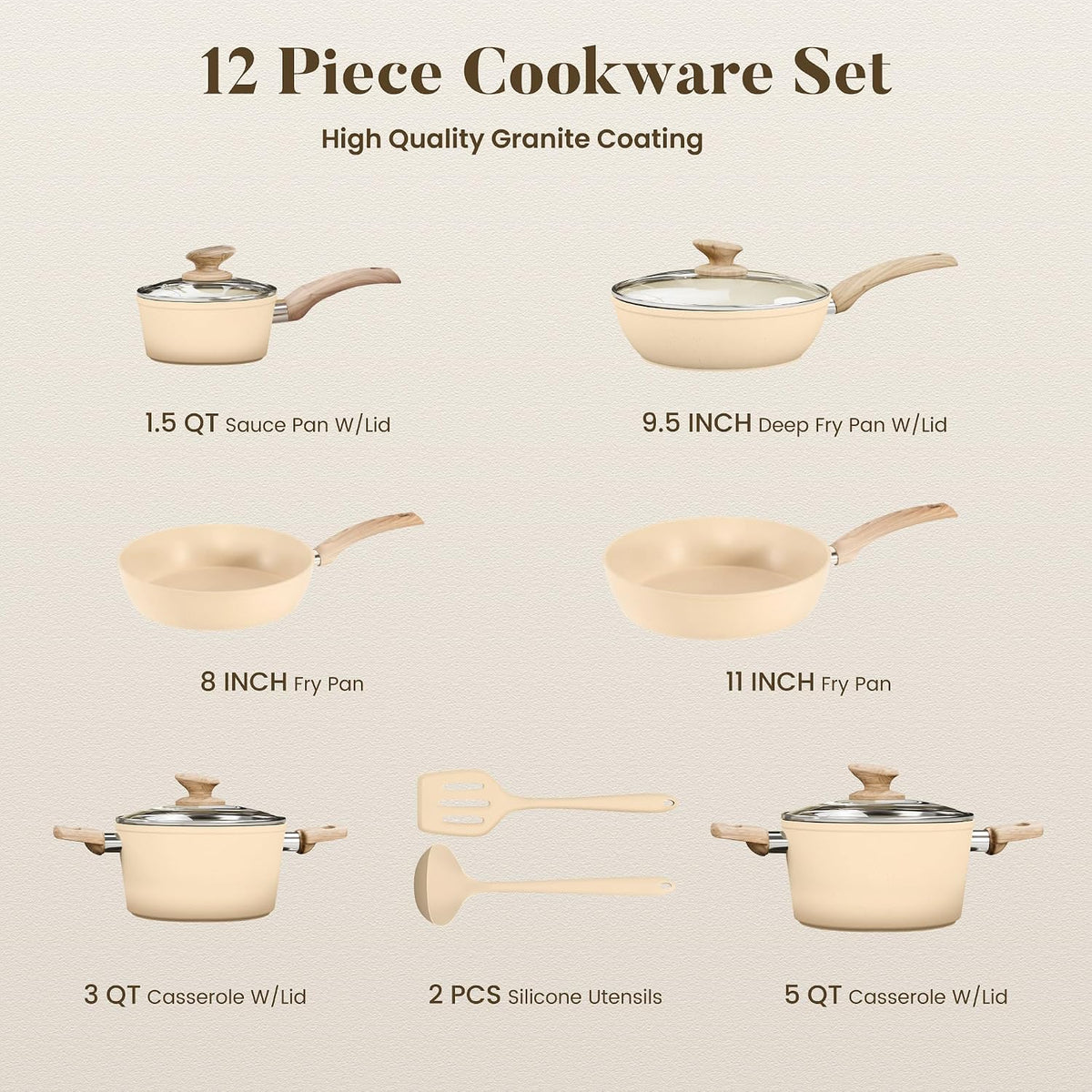 Kitchen Academy Induction Pots and Pans Set Non Stick - 12Pcs Beige Nonstick Kitchen Cookware Set, Granite Cooking Pans Set