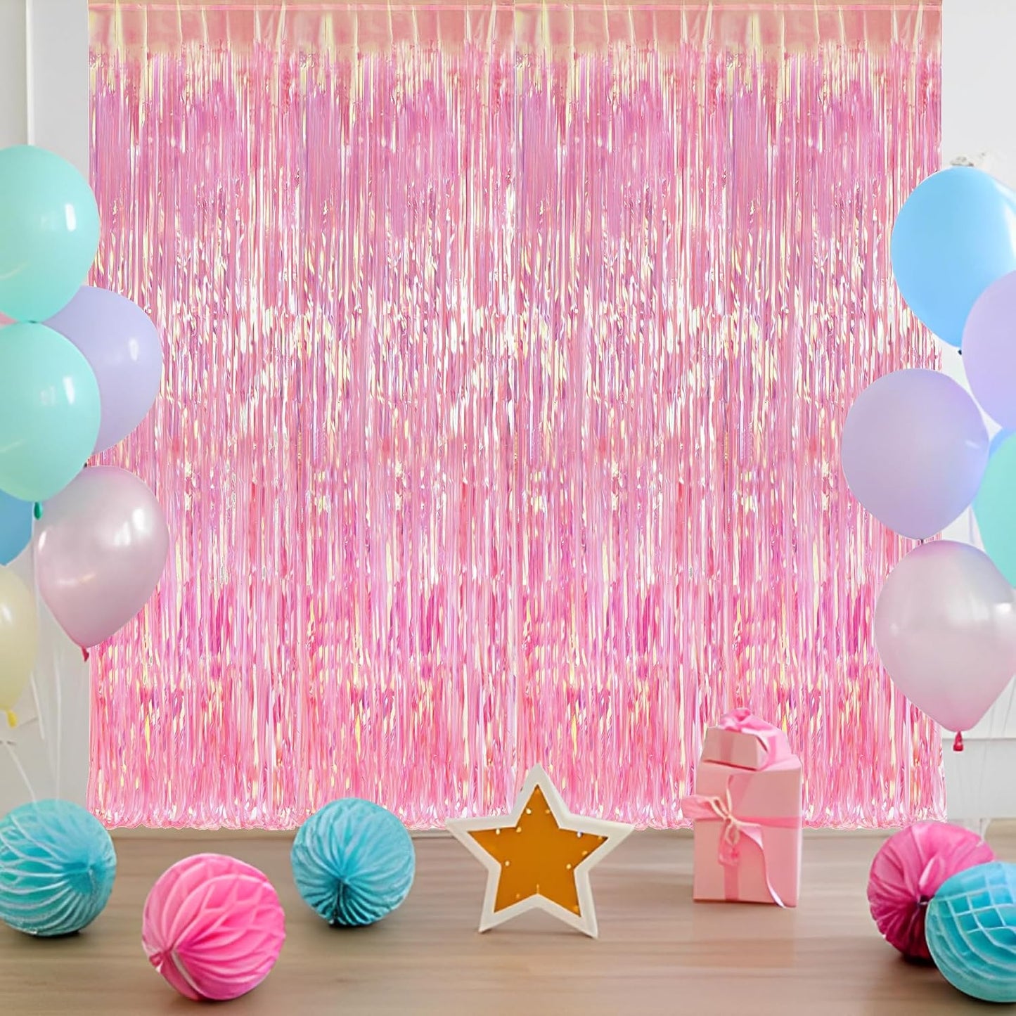 BRAVESHINE Clear Pink Streamers Party Curtain | Iridescent Fringe Backdrop | 2PCS 3.2x6.5ft Holographic Tinsel Curtain Photo Backdrop for Girls/Birthday/Bridal Shower/Bachelorette/Engagement Decorations