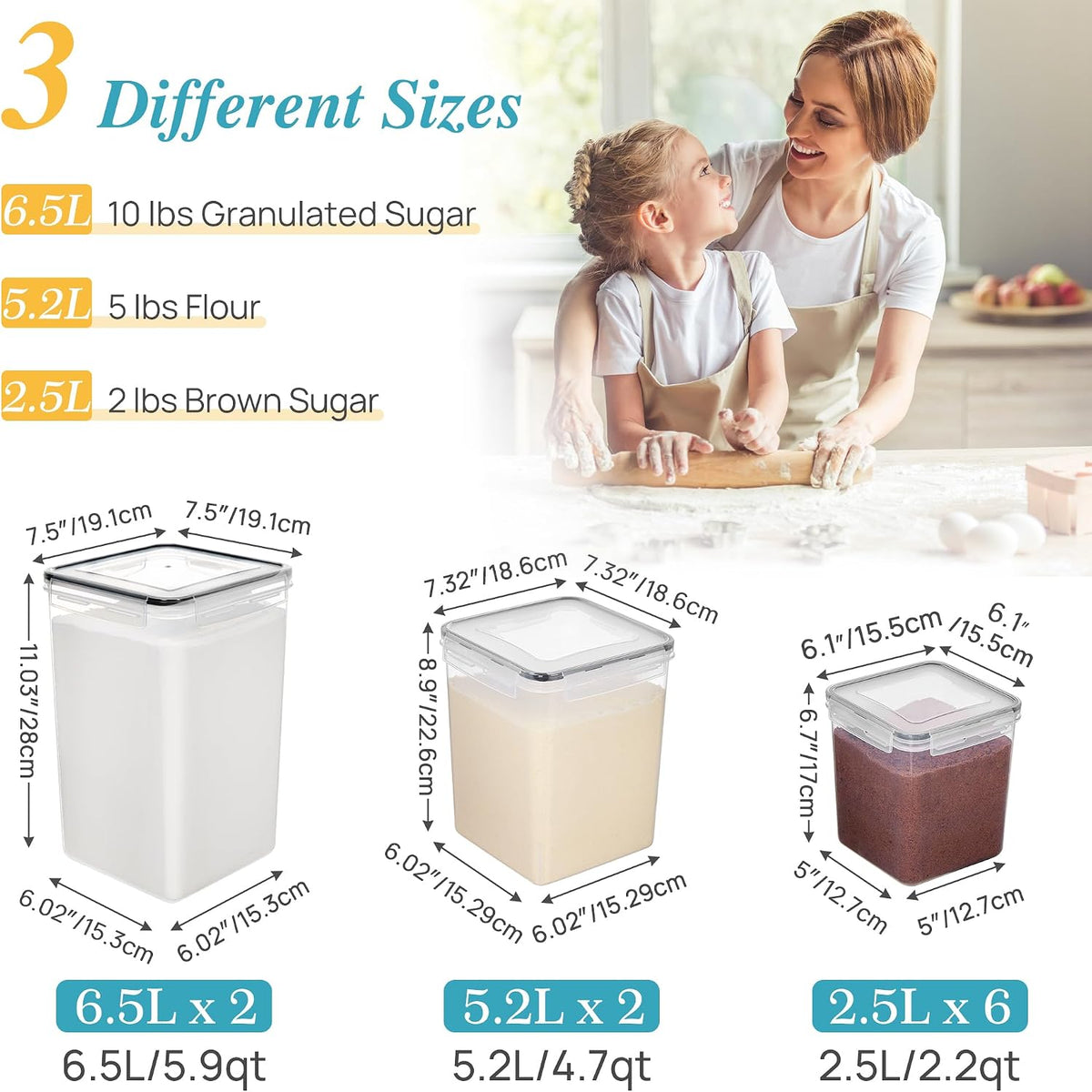 Vtopmart 10 PCS Flour and Sugar Storage Container, Large Airtight Food Canisters with Lids for Kitchen, Pantry Organization, BPA Free, Black