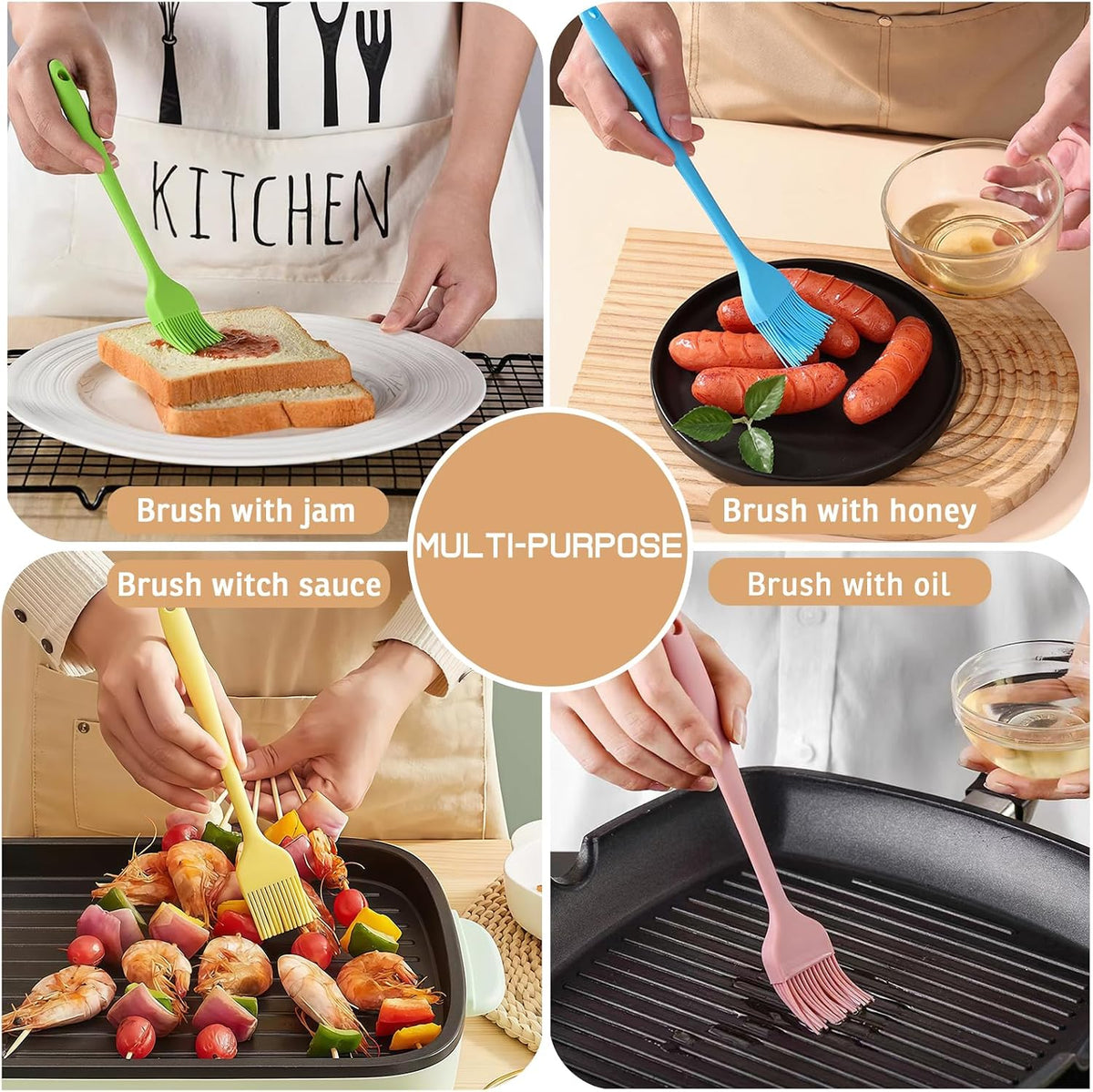 Silicone Basting Pastry Brush, 5 PCS Heat Resistant Food Brush Set, One-Piece Design, Stainless Steel Core Oil Brush of Baking, BBQ, Spreading Oil, Butter, Grilling, Marinade, Dishwasher Safe