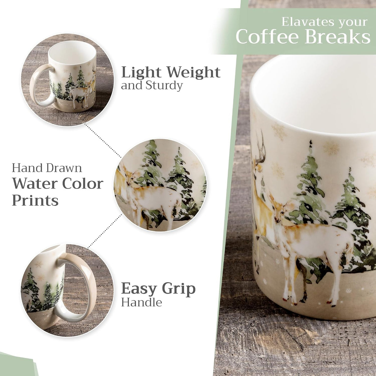Maison d' Hermine Coffee Mug with Handles Tea Cups (12 Ounce, Pack of 1) | Fine Bone China Coffee Mugs for Hot Beverages Cappuccino Latte Home Hotel Spring Summer -Deer In The Woods - Forest Deer