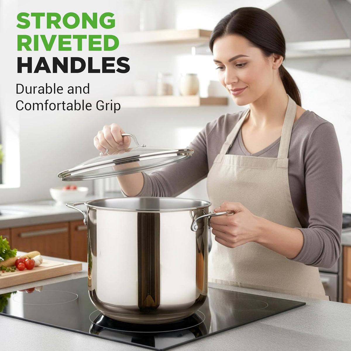 NutriChef 15-Quart Large Stainless Steel Stock Pot with Tempered Glass Lid - Induction Compatible Stockpot, Ideal for Stews & Soups, Dishwasher Safe