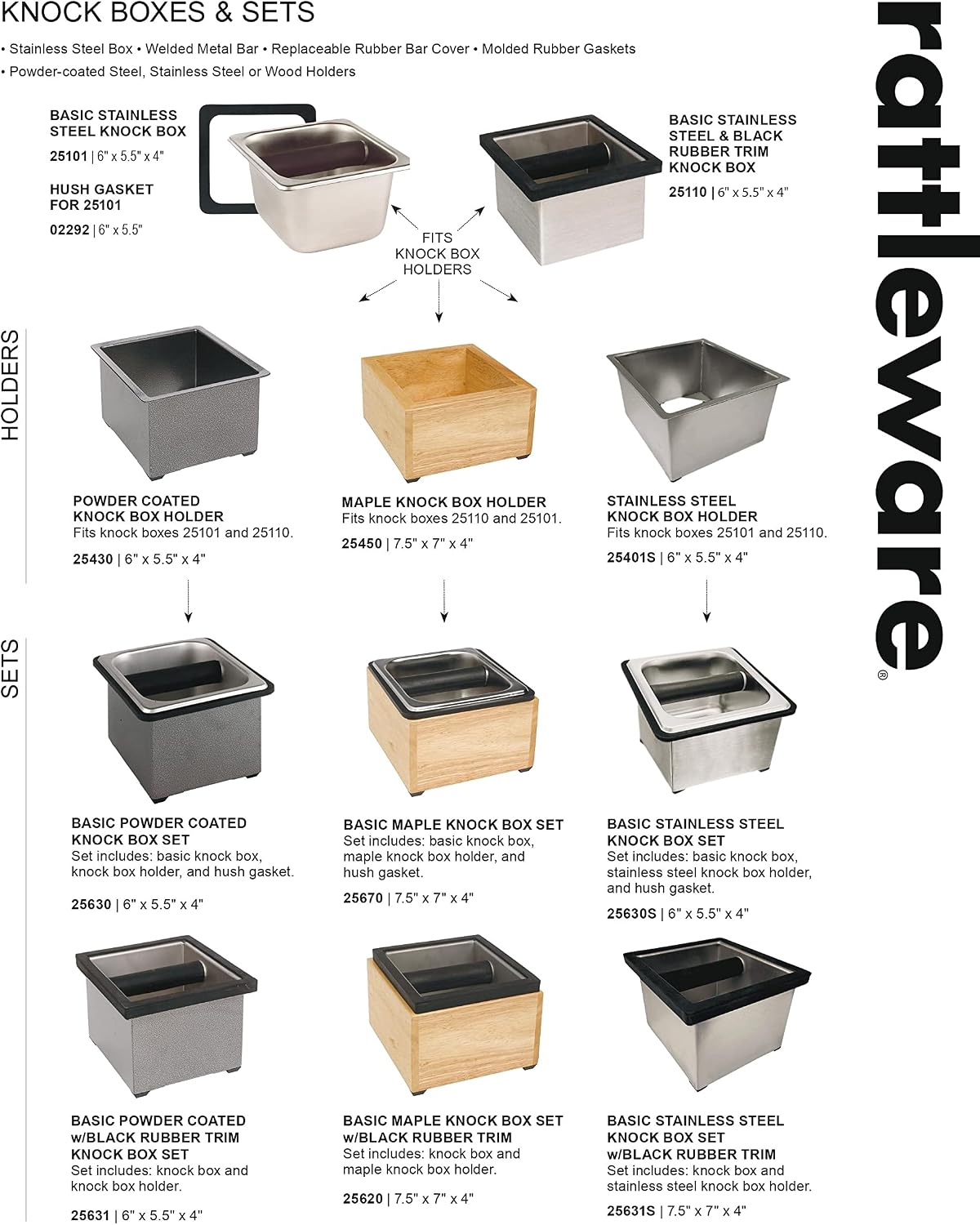 Rattleware Stainless Steel Open Bottom Knock Box Chute with Rubber Bar, 9in