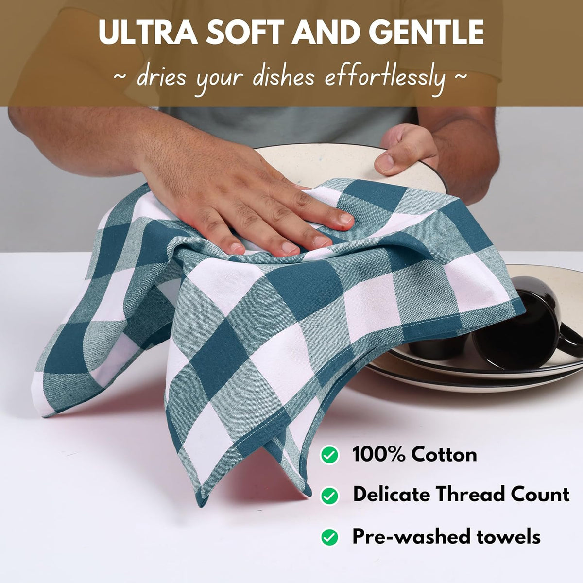Native Fab 4-Pack Kitchen Towel with Hanging Loop 16x26 inches, Cotton Buffalo Check Kitchen Towels for Cleaning Drying, Washcloths Soft & Absorbent Cloth Rags, Bar Towel, Dish Cloth, Teal Green