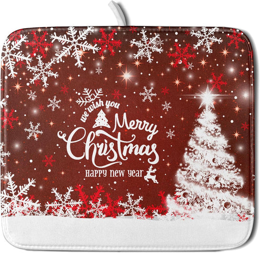 Happy New Year Red Dish Drying Mat for Kitchen Counter,Merry Christmas Tree Snowflake Drying Mat 16 x 18 Inch with High