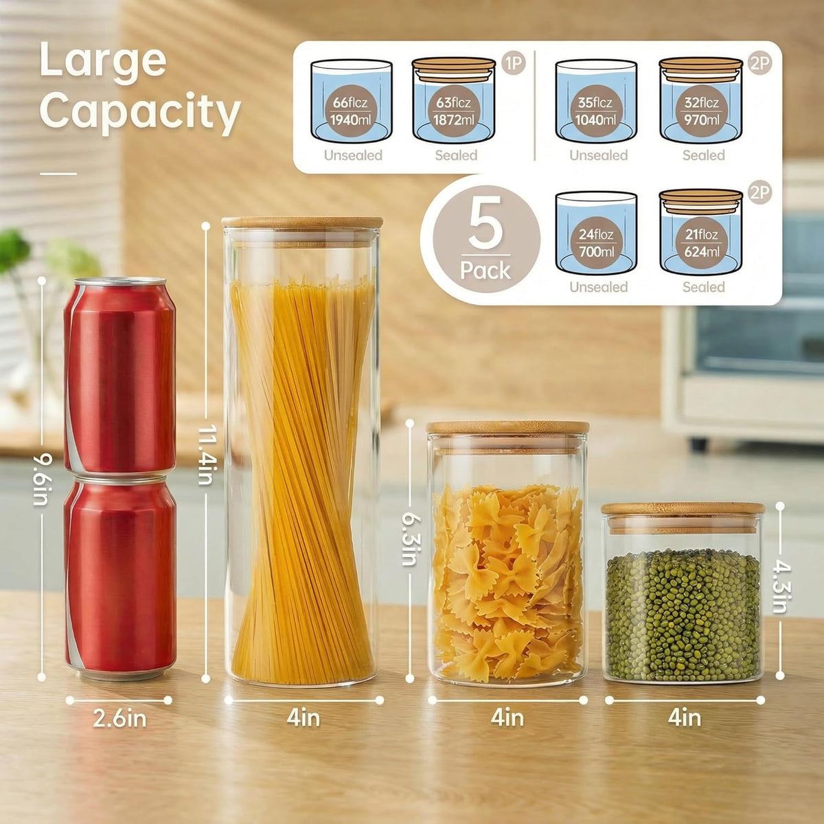 Round Glass Storage Containers with Bamboo Lids for Pasta & Flour