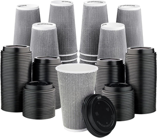 [340 SET]Harvest Pack 16 oz Disposable Coffee Cups, Insulated Ripple Double-Walled Paper Cups with Lids, Black and White