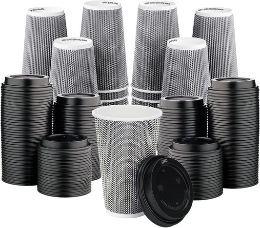 16 oz Disposable Paper Coffee Cups with Lids Insulated Double-Walled Togo