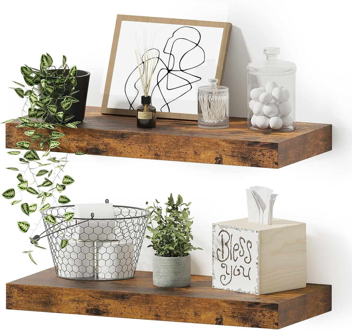 Vivelove Floating Shelves for Wall, 16 inchs x 6.7” deep x 1.4” Bathroom Shelf Bedroom, Living Room, Kitchen, Farmhouse Decor, Rustic Wood Wall Shelves with Invisible Brackets - Set of 2, Rustic Brown