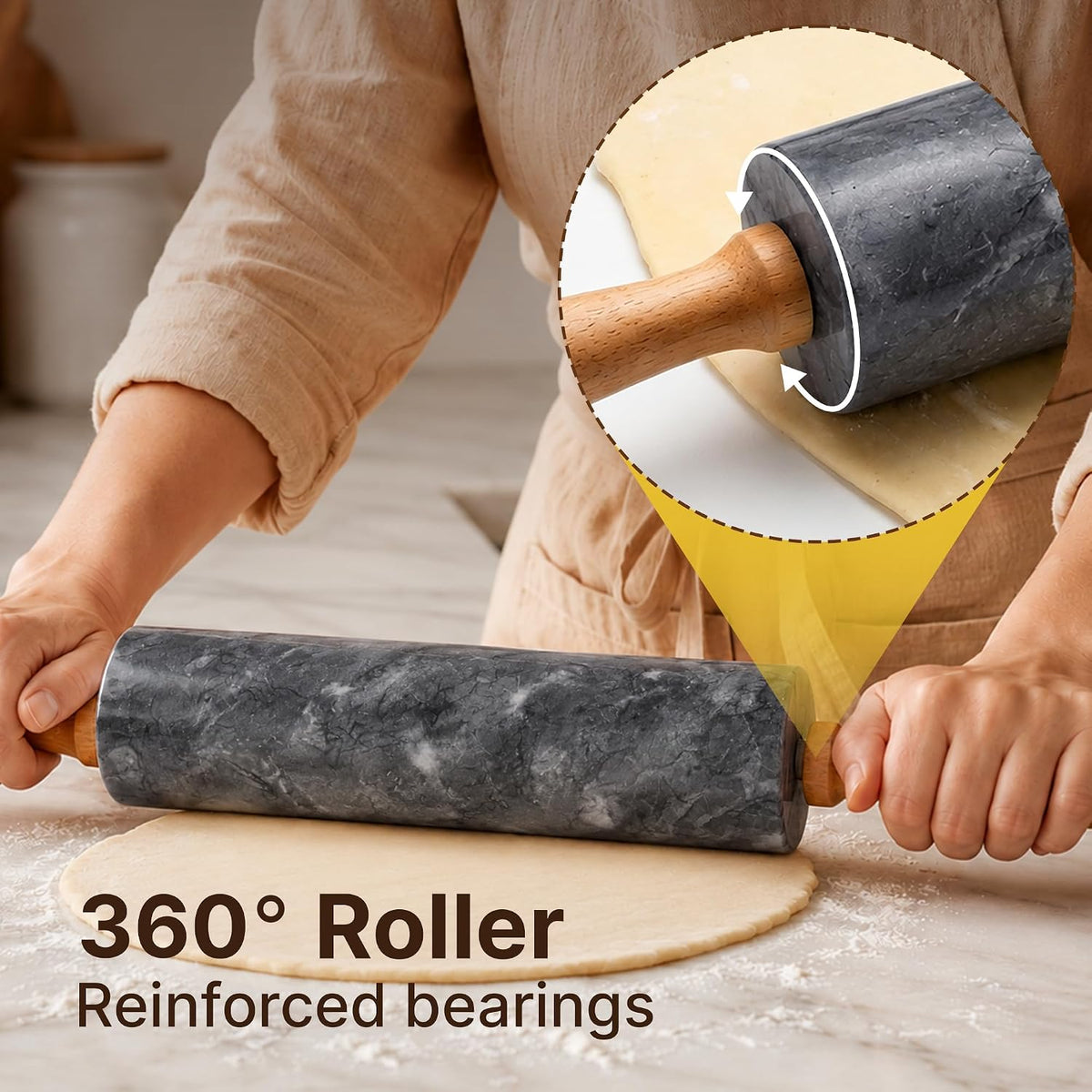 Zulay Kitchen 17-Inch Marble Rolling Pin With Stand - Polished Marble Rolling Pins For Baking - Long Rolling Pin Marble With Beechwood Handle - Non-stick Roller Pin For Baking Pastries, Bread &amp; Pizza