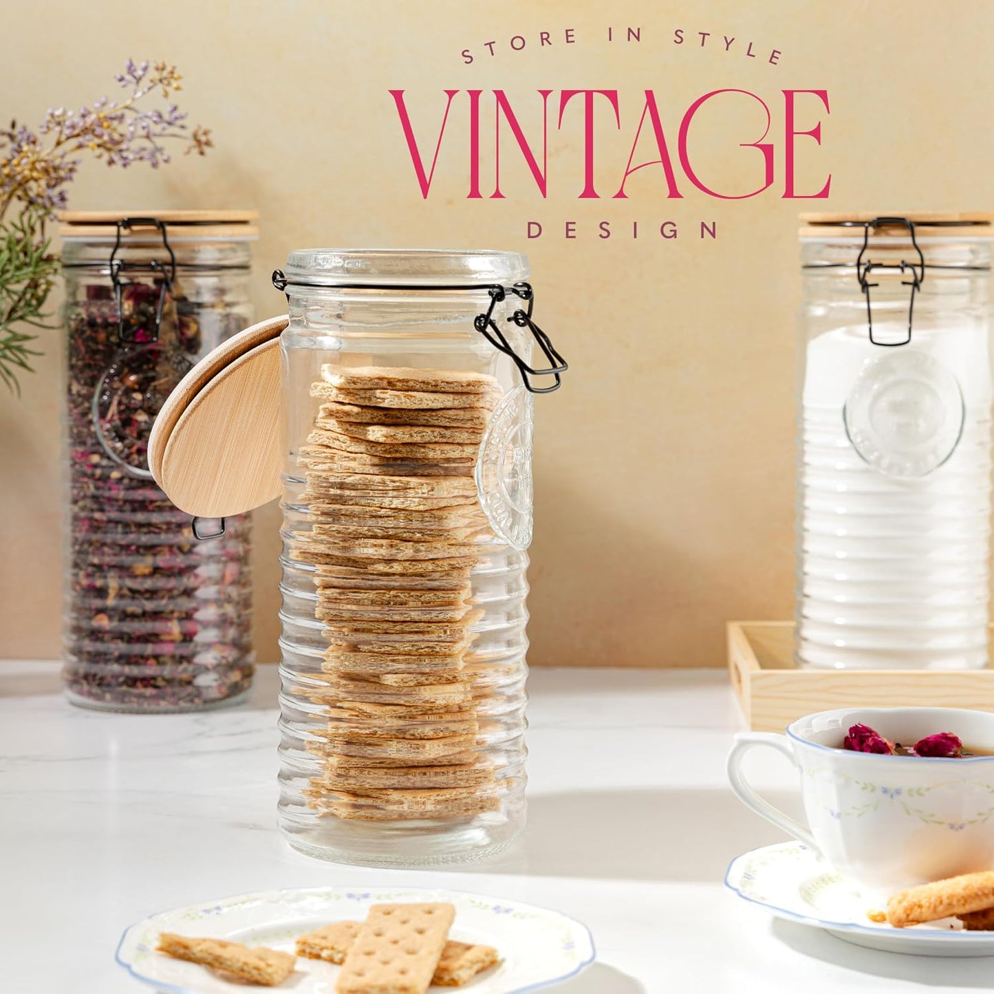 kitchentoolz Tall Glass Pasta Storage Containers with Airtight Clasp Lids - Set of 3 Glass Spaghetti Storage Containers for - 56 Ounce Pantry Organizing Canister Set - 9.75 Inch Tall