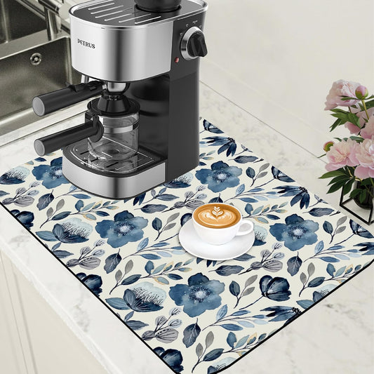 Blue Flowers Dish Drying Mat for Kitchen Counter Coffee Bar Mat Hide Stain Absorbent Coffee Mat with Non-Slip Rubber Backed