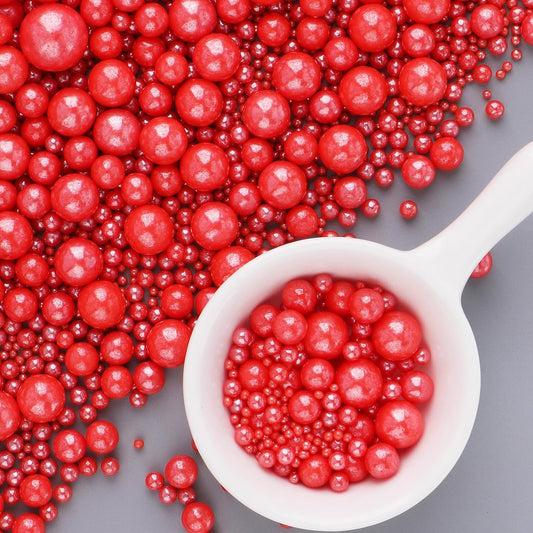 Red Pearl Sprinkles for Cake Decorating, 6 Sizes Mix Edible Sugar for Ice Cream Cupcake Cookies, Wedding Parties Birthday