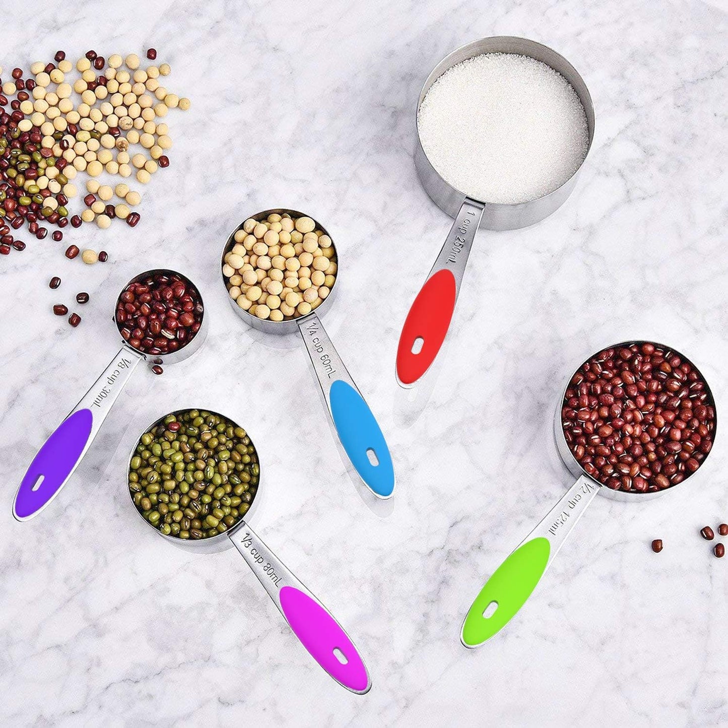 Wildone Stainless Measuring Cups and Spoons Set with Silicone Handle, 16pcs | 8 Measuring Cups and 8 Measuring Spoons, Nesting Design, Heavy Duty for Measuring Dry/Liquid Ingredients, Multicolor