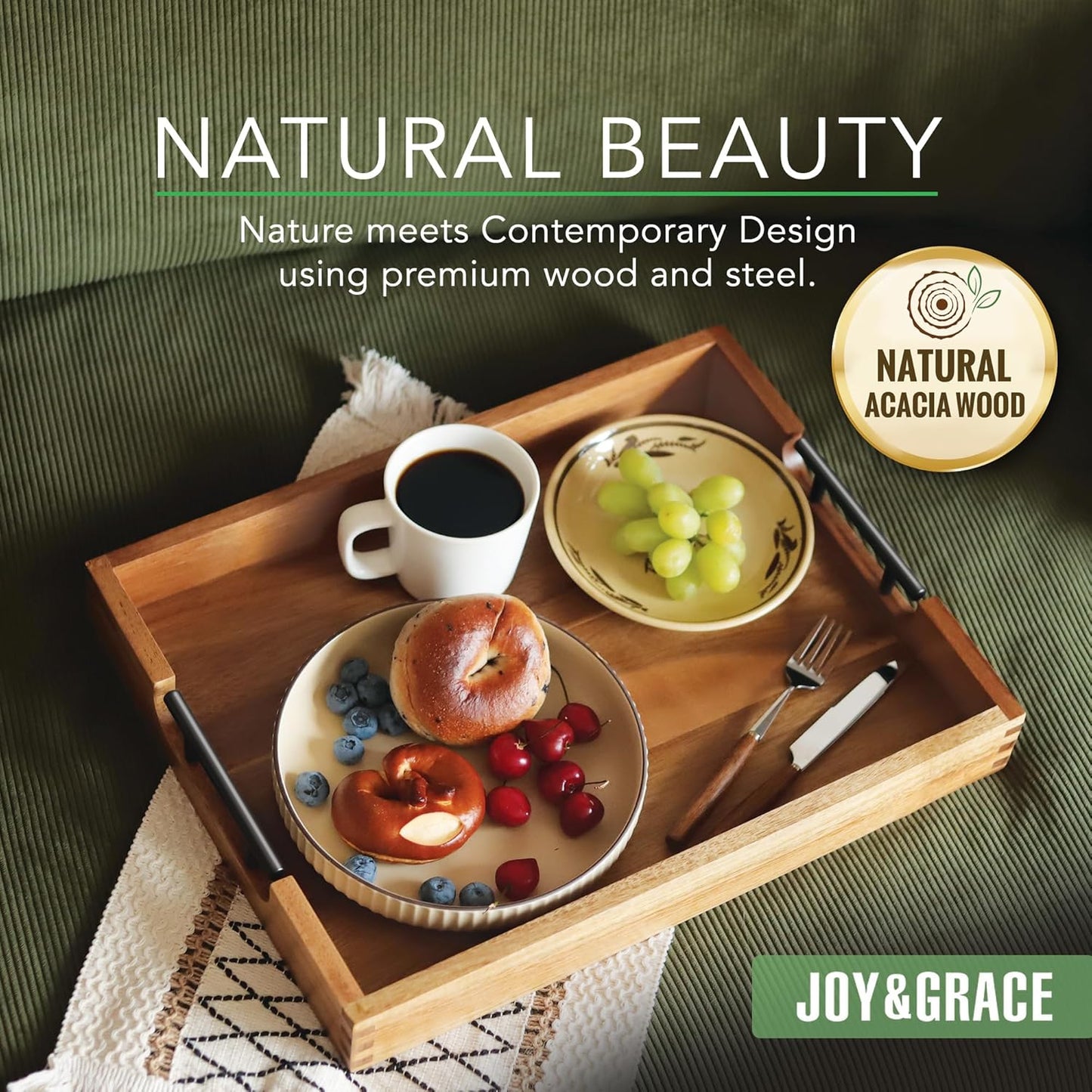 Joy&amp;Grace Acacia Wood Ottoman Tray with Handles 16.7" x 12.8" | Large Acacia Wooden Serving Tray for Coffee Table Living Room, Breakfast in Bed, Food Dinner, Kitchen, Couch (Color Natural)